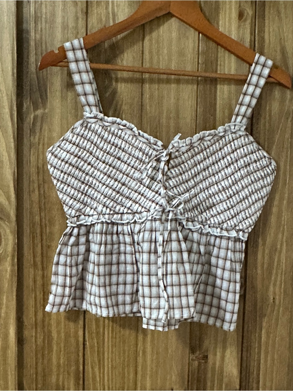 AE Smocked Babydoll Tank Top brown & taupe plaid size small nwt